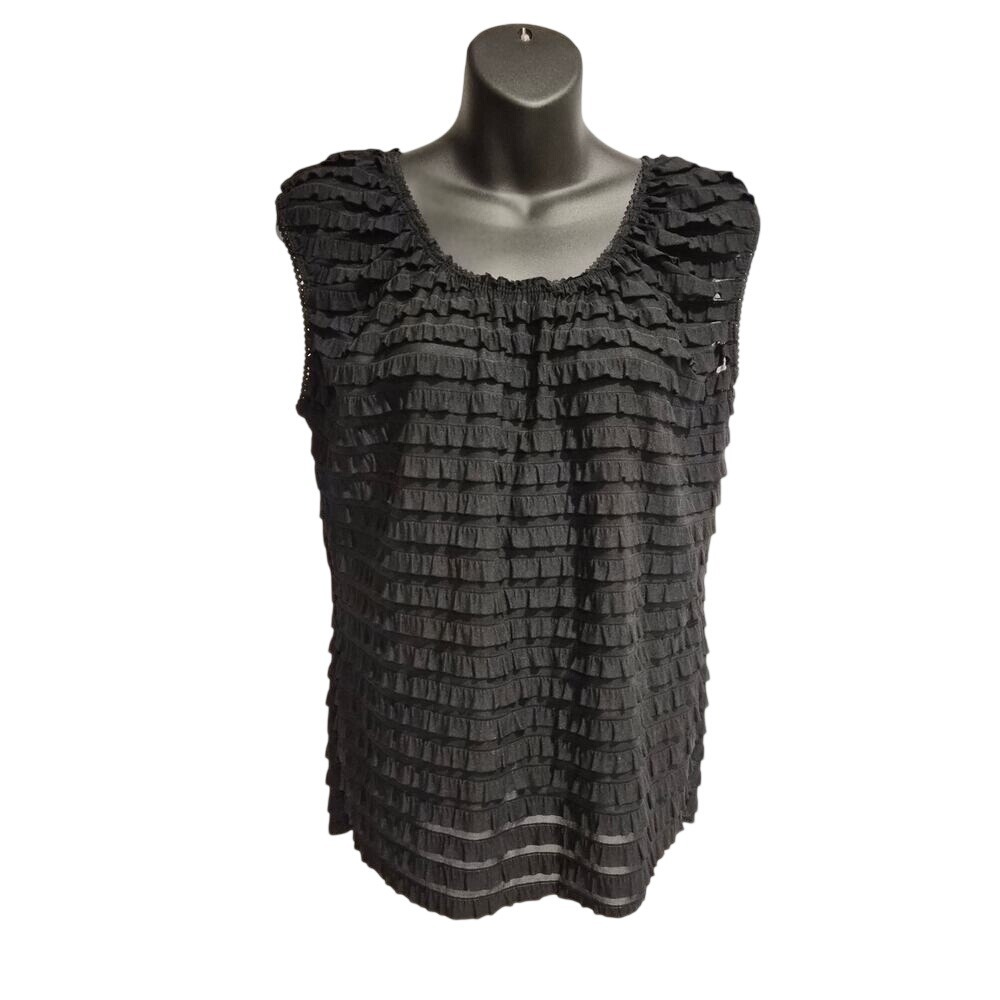Zenobia Black Tiered Ruffle Sleeveless Top 2XL Scoop Neck Sheer Lace Trim 8707